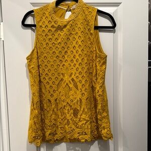 Golden Yellow Lace Sleeveless Blouse with Mandarin Collar